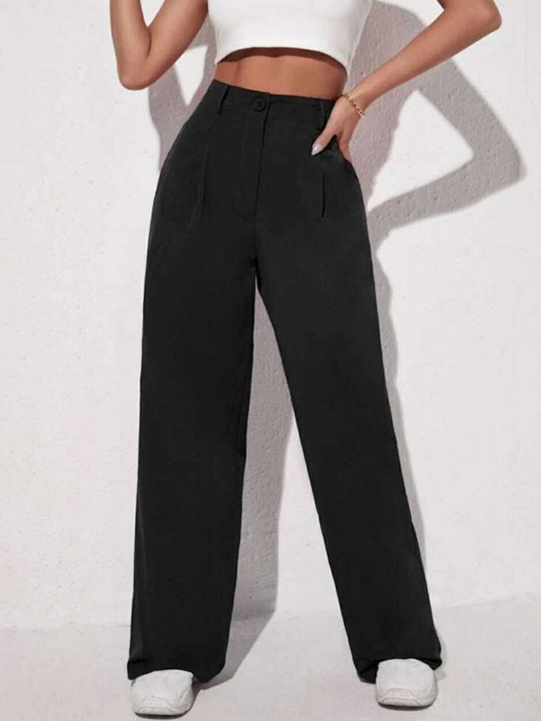 

Next One Women Loose Fit High-Rise Easy Wash Pleated Trousers, Black