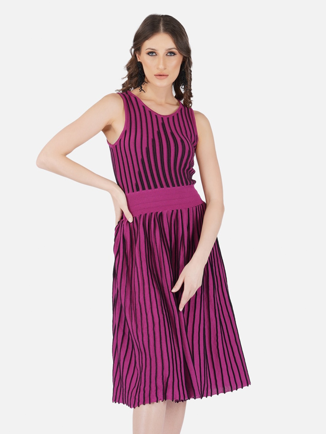 

JoE Hazel Striped Knitted Sleeveless Cotton Waisted Dress, Purple