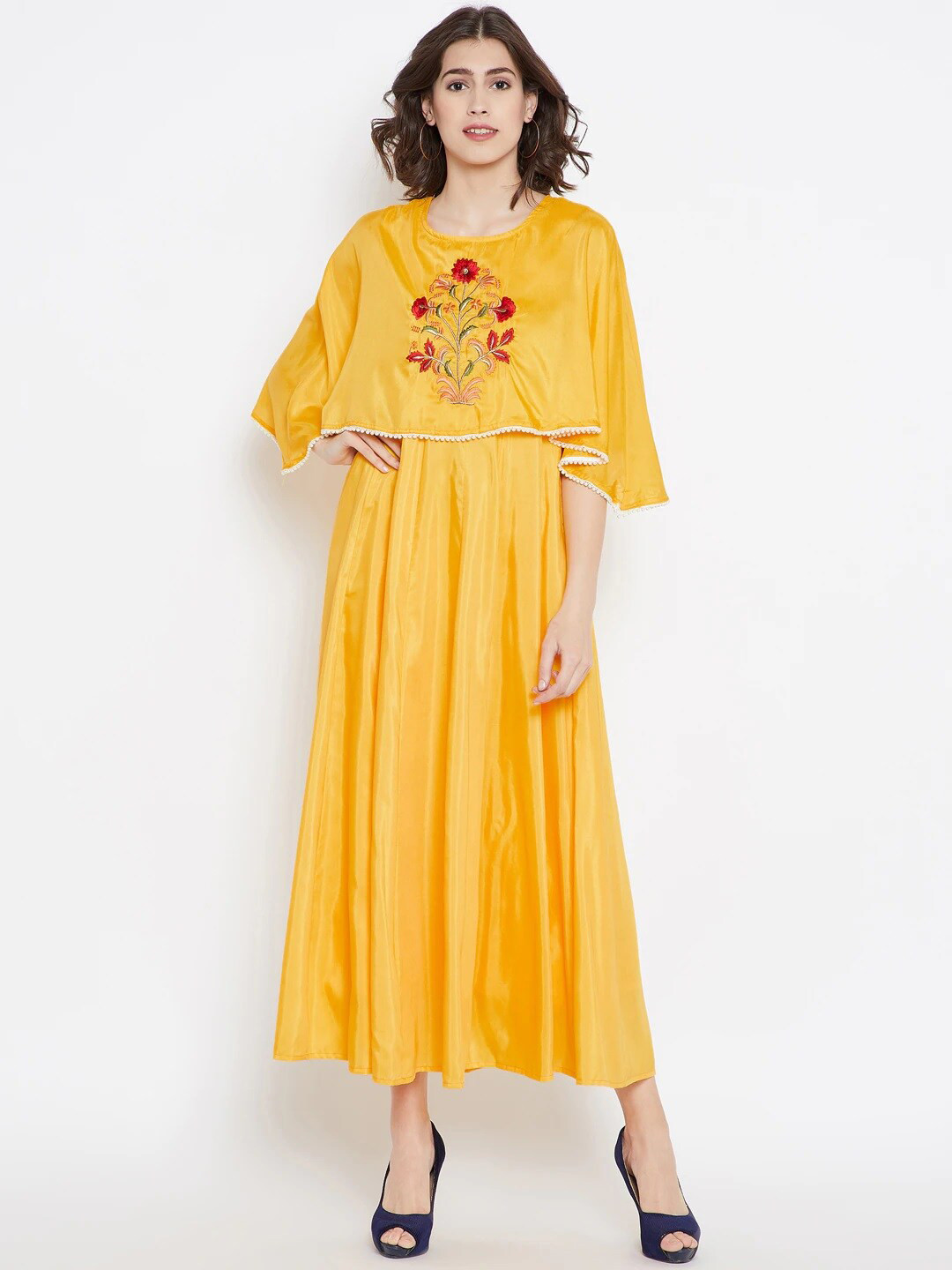 

Be Indi Floral Embroidered Cotton Flared Maxi Dress, Yellow