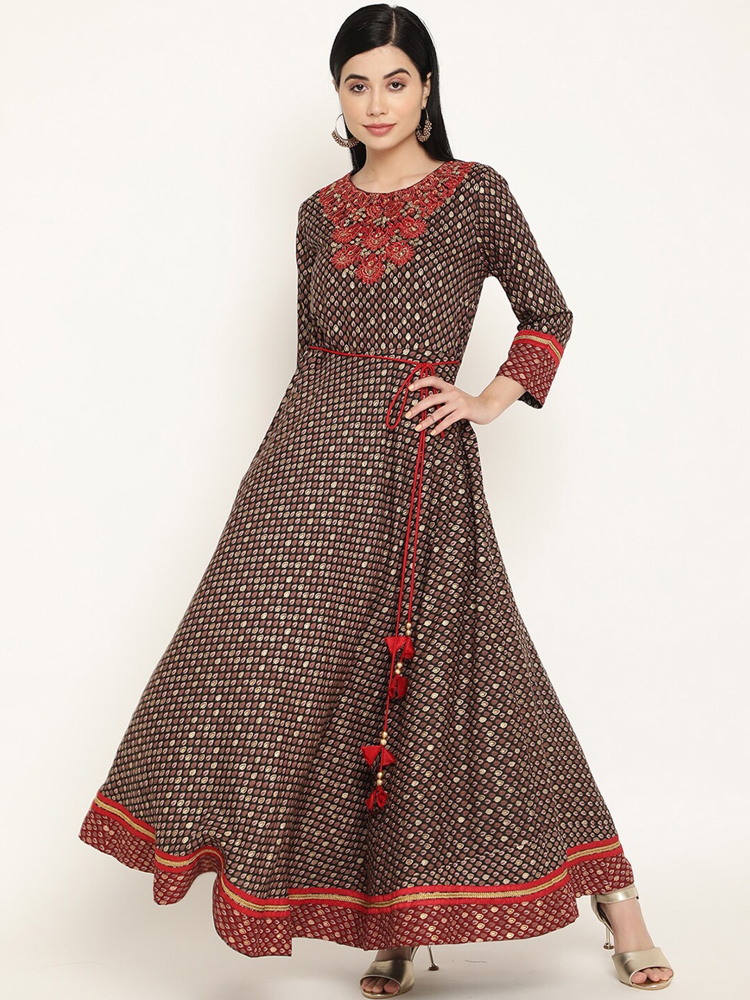 

Be Indi Ethnic Motif Embroidered Thread Work Fit & Flare Ethnic Dress, Brown