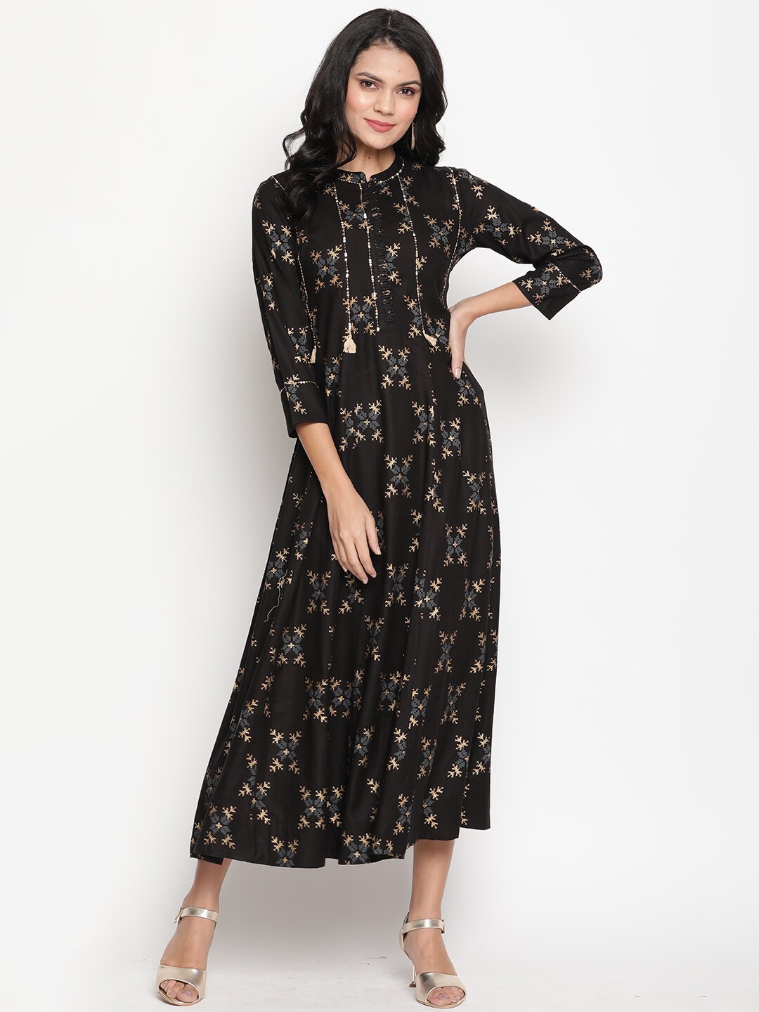 

Be Indi Ethnic Motif Printed Midi-Length Fit & Flare Ethnic Dress, Black
