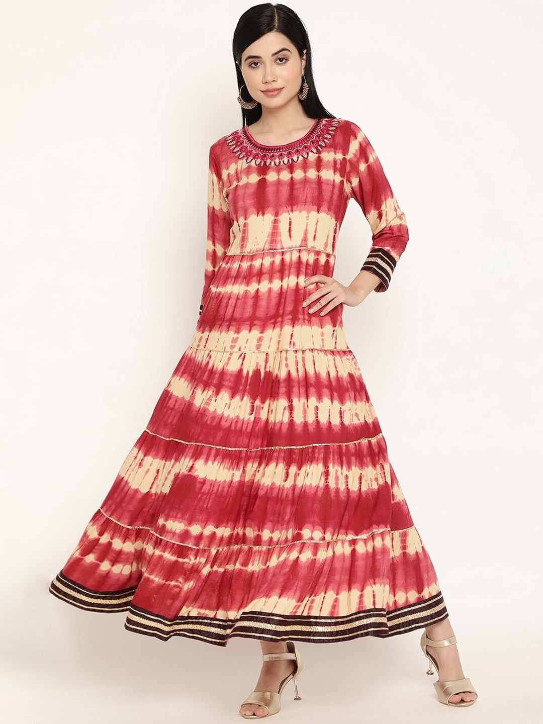 

Be Indi Dyed Embroidered Tie And Dye Tiered Ethnic Dress, Fuchsia