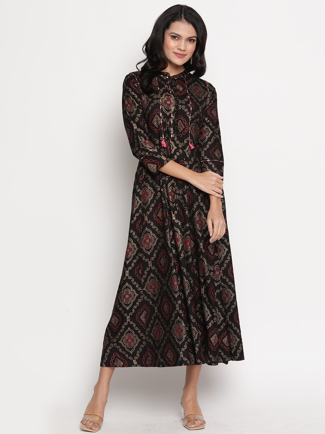 

Be Indi Ethnic Motif Printed Midi-Length A-Line Ethnic Dress, Black