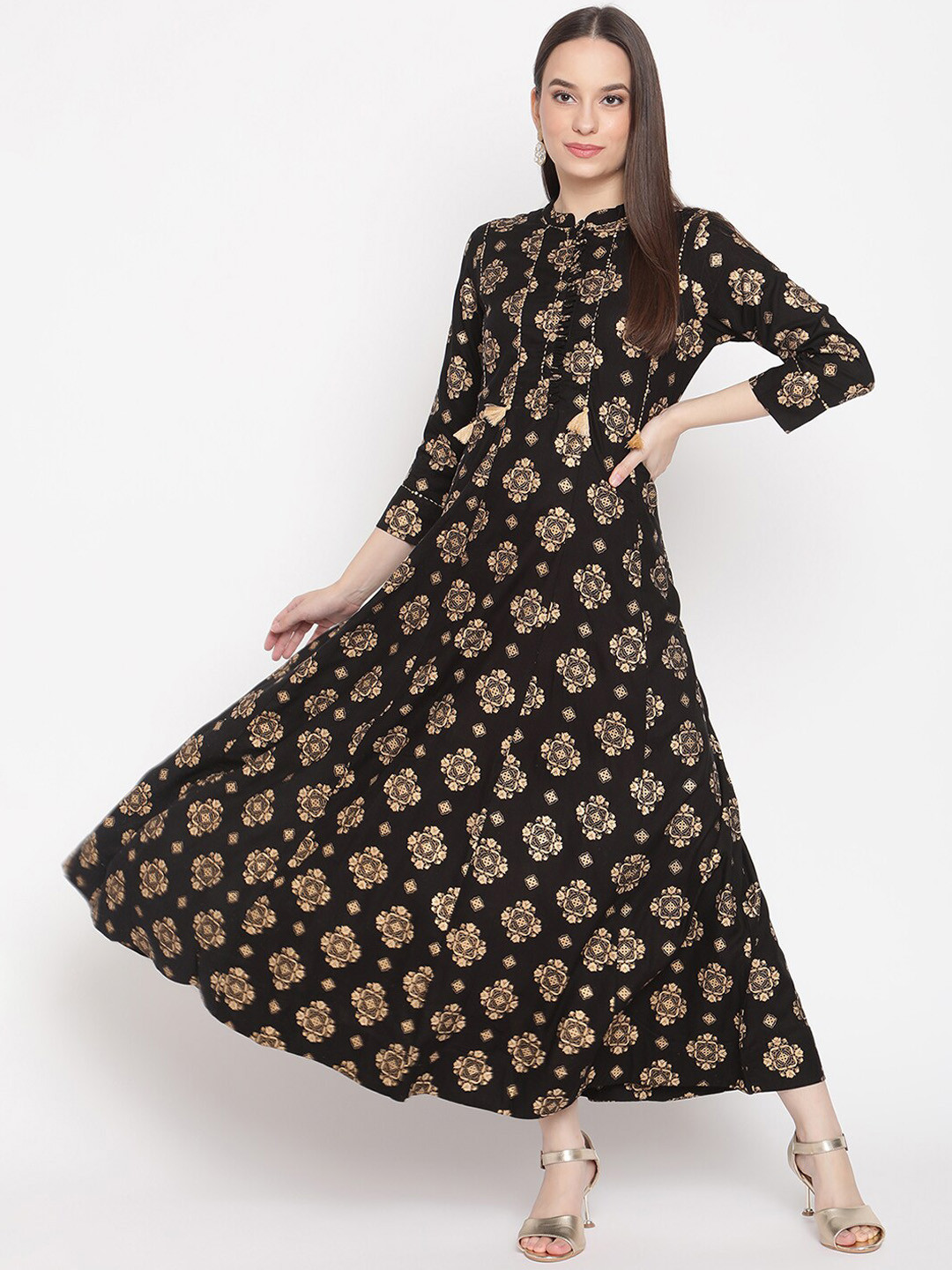 

Be Indi Ethnic Motif Printed Midi-Length Fit & Flare Ethnic Dress, Black