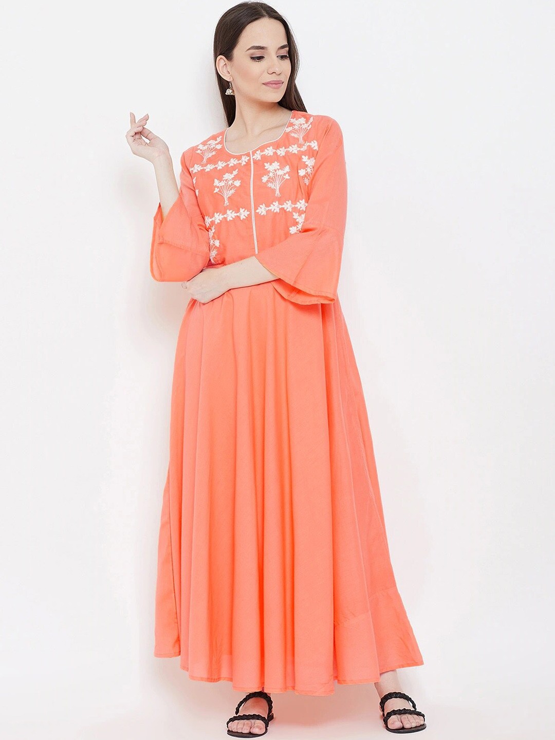 

Be Indi Floral Embroidered Anarkali Bell Sleeves Pure Cotton Kurtas, Orange