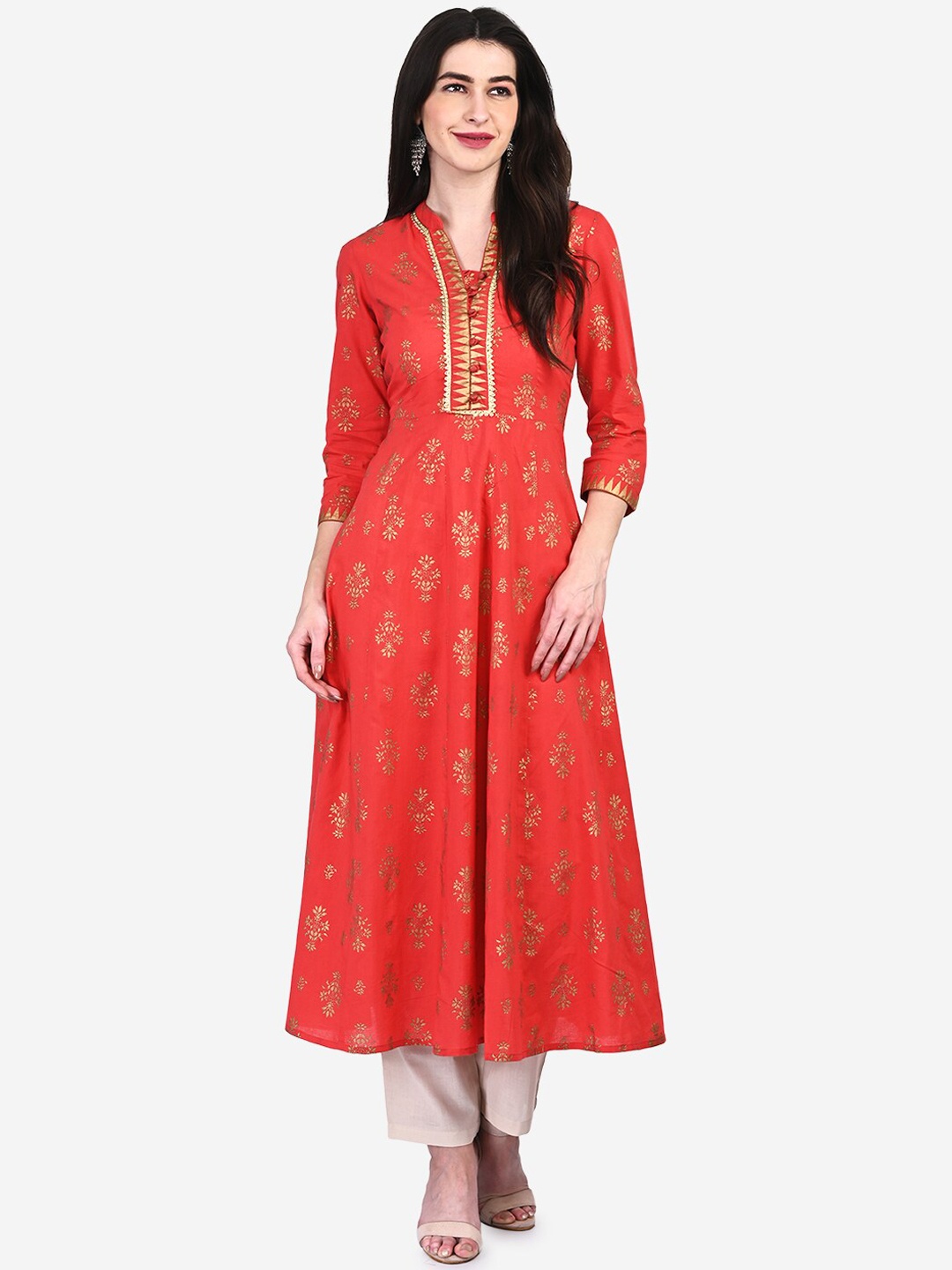 

Be Indi Ethnic Motifs Printed Pure Cotton Anarkali Mandarin Collar Kurtas, Red