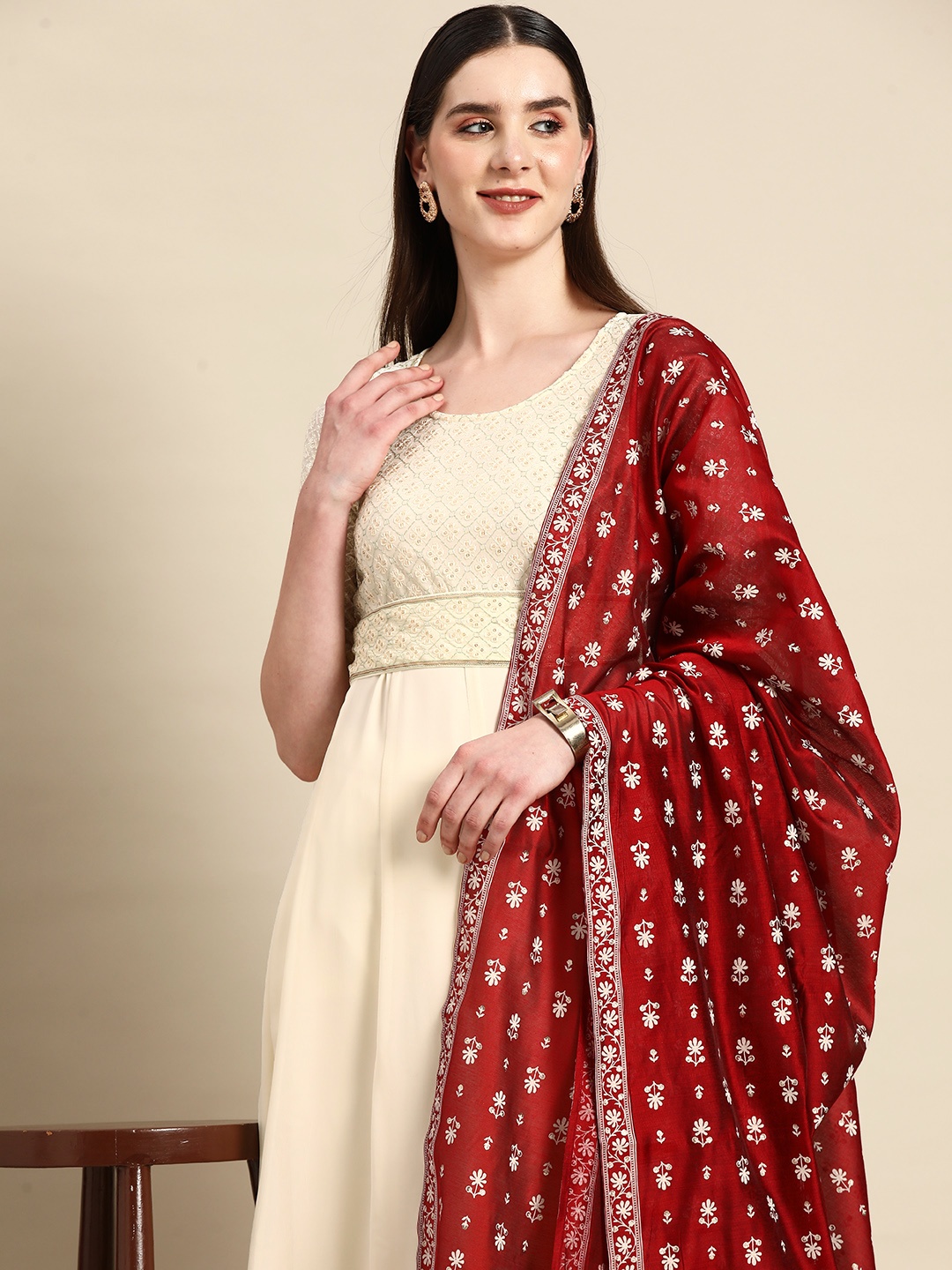 

Anouk Women Cream-Coloured Yoke Design Kurta with Palazzos & With Dupatta