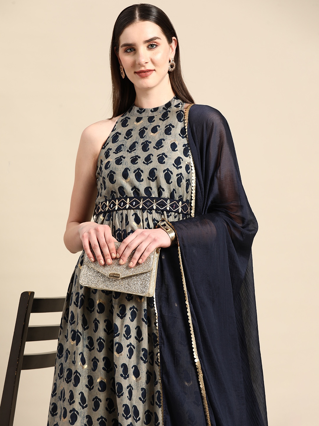 

Anouk Women Ethnic Motifs Printed Pleated Kurta with Palazzos & With Dupatta, Grey