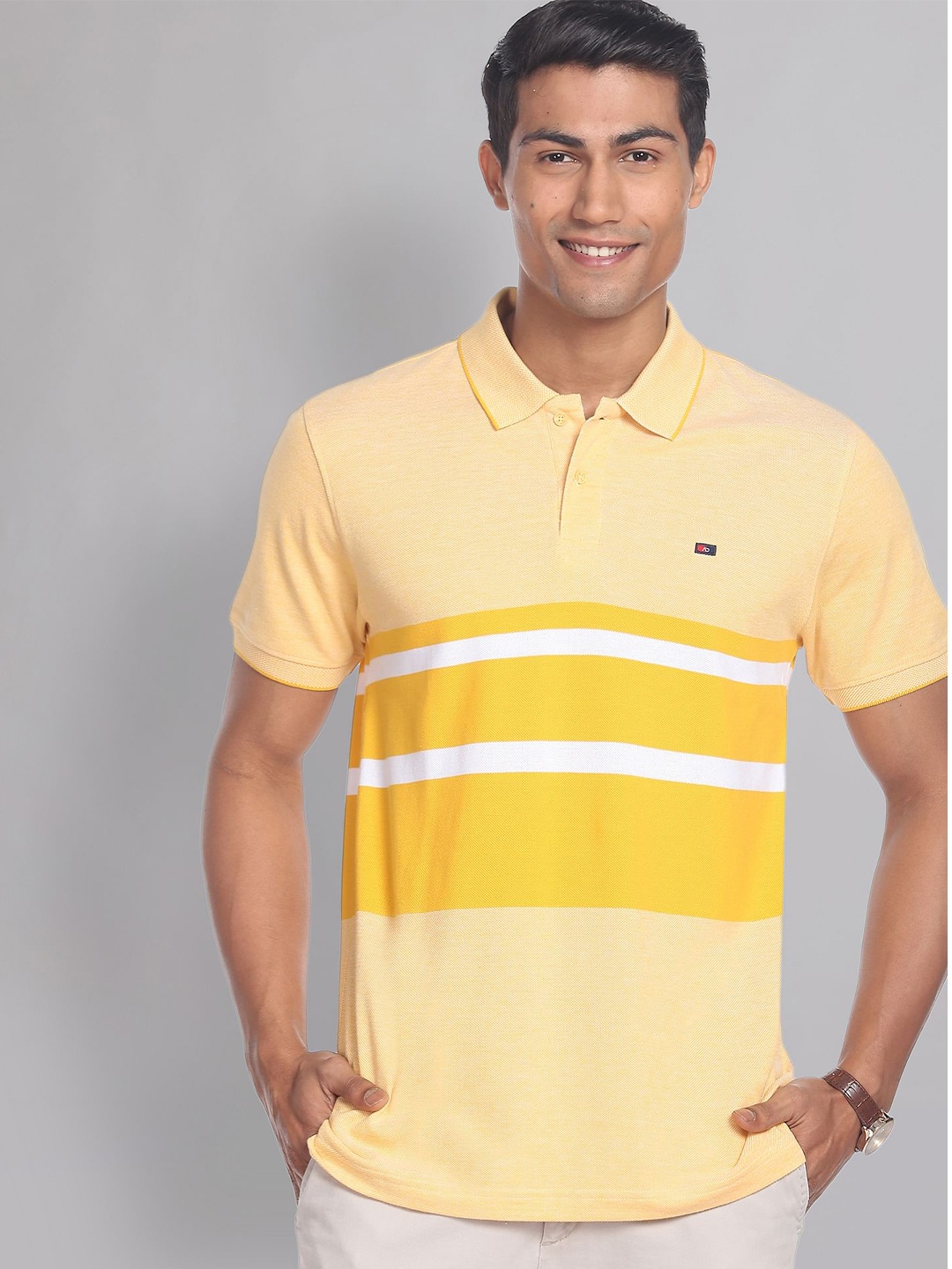 

AD By Arvind Men Striped Polo Collar Slim Fit Pure Cotton T-shirt, Yellow