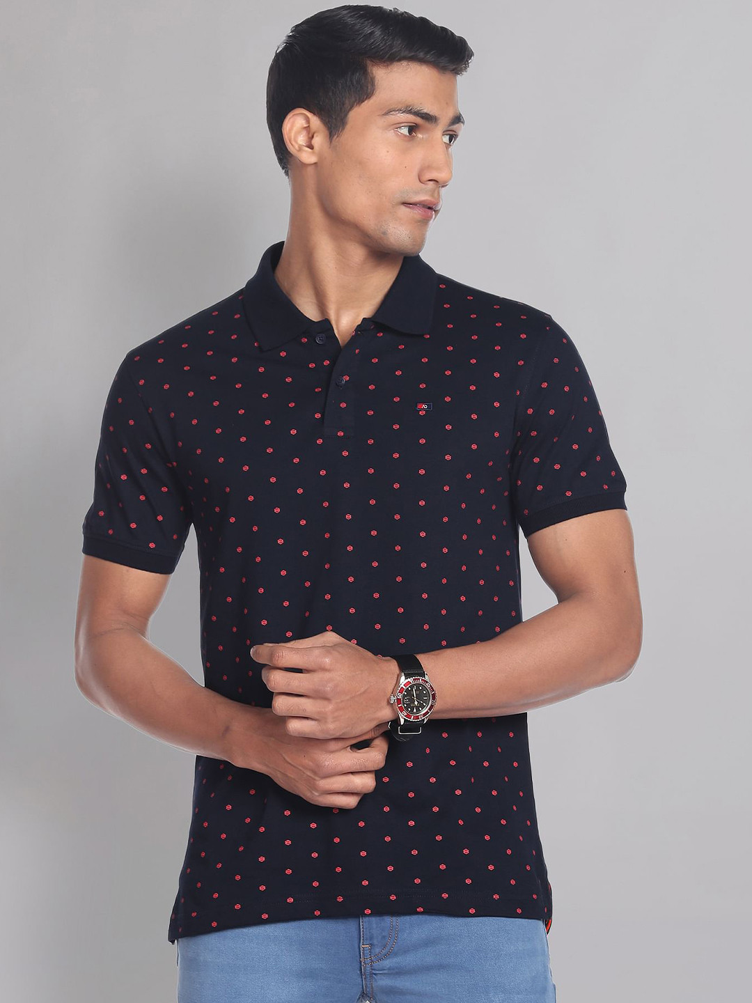 

AD By Arvind Men Micro And Ditsy Printed Polo Collar Pure cotton Slim Fit T-shirt, Blue