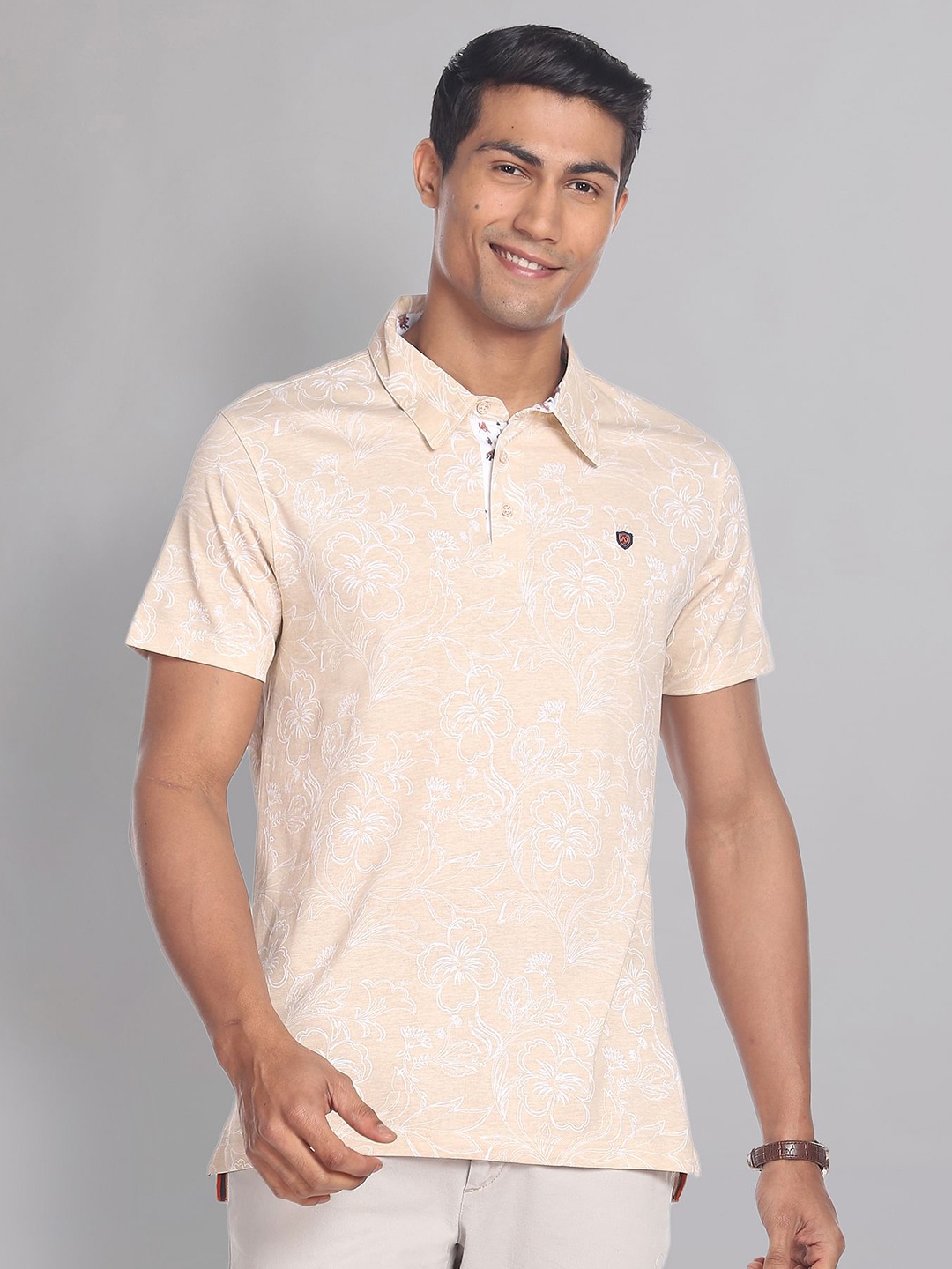 

AD By Arvind Men Floral Printed Pure Cotton Slim Fit T-shirt, Beige