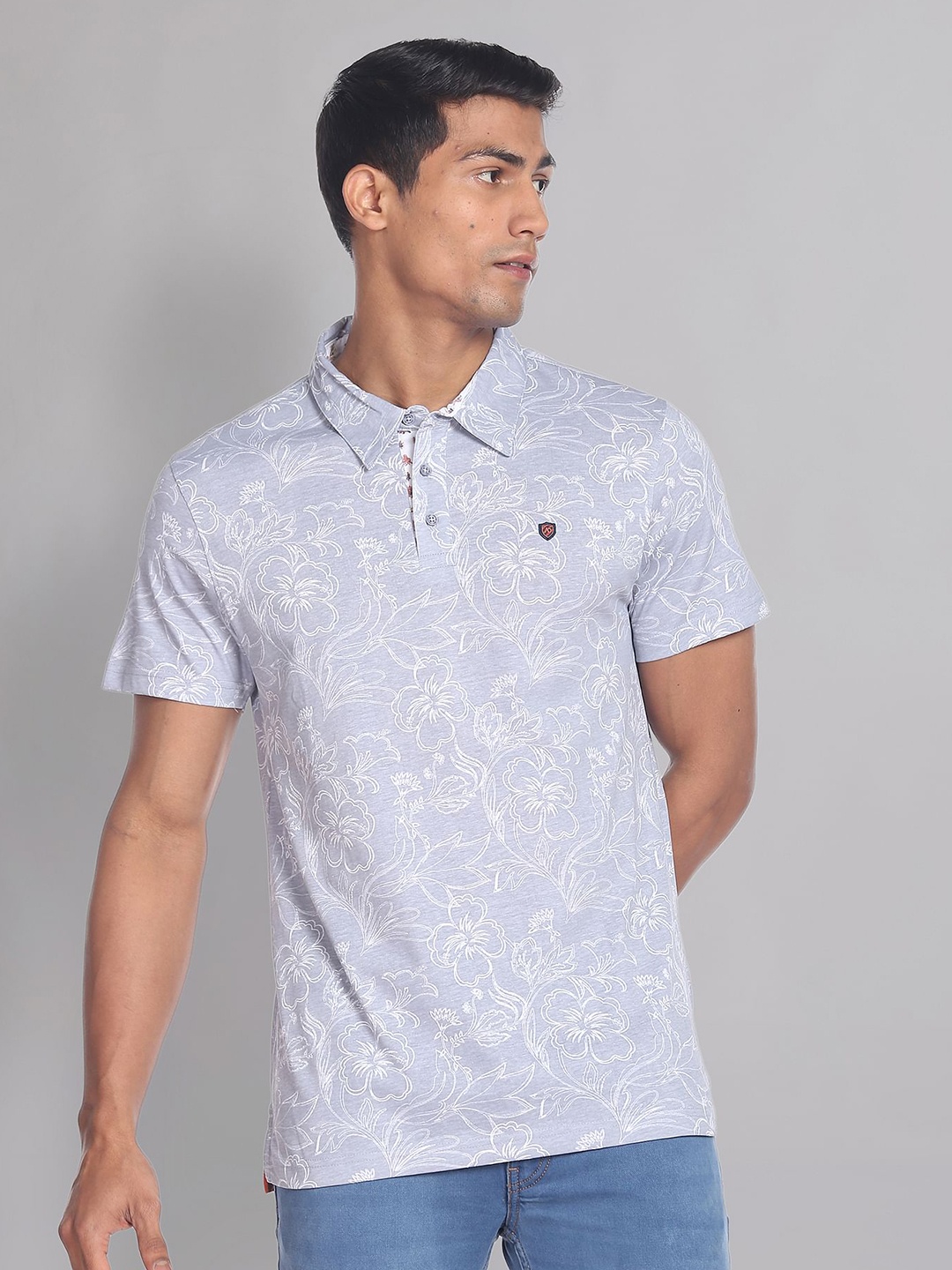 

AD By Arvind Floral Printed Polo Collar Slim Fit Pure Cotton T-shirt, Grey