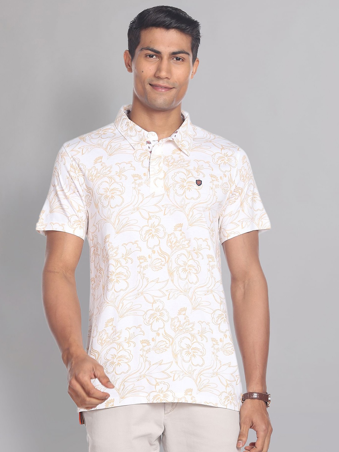 

AD By Arvind Men Floral Printed Polo Collar Pure Cotton Slim Fit T-shirt, White