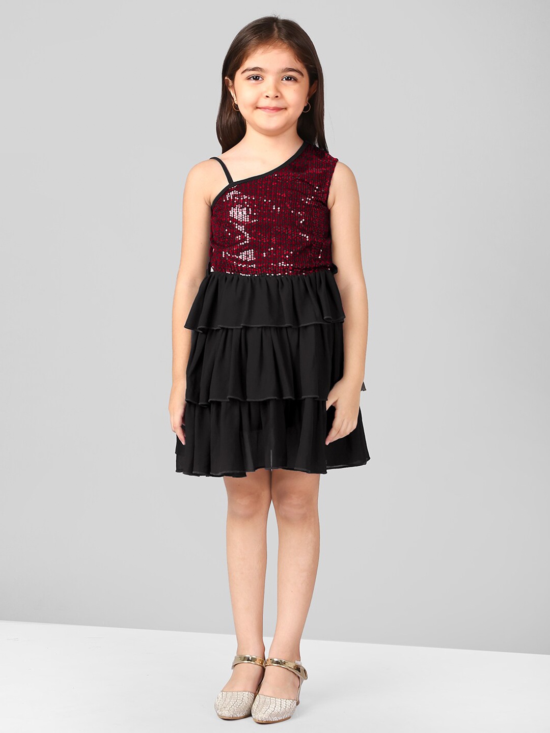 

Naughty Ninos Girls Embellished One Shoulder Satin Fit and Flare Dress, Black