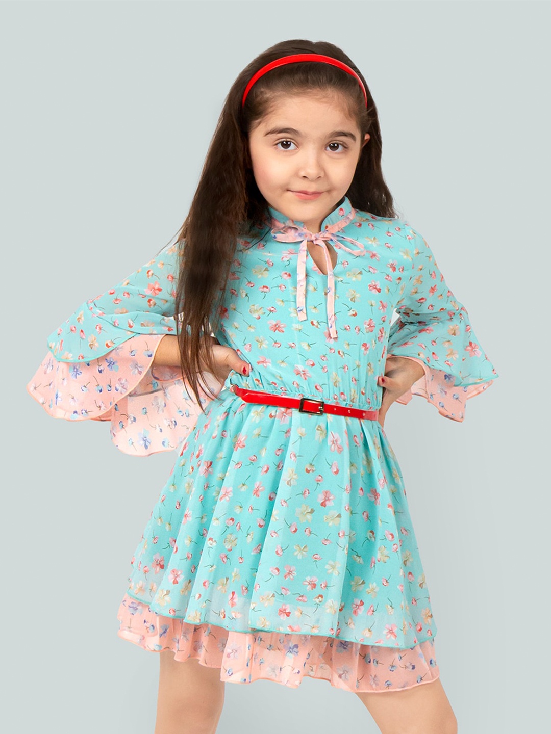

Naughty Ninos Girls Floral Printed Tie-Up Neck Fit and Flare Dress, Turquoise blue