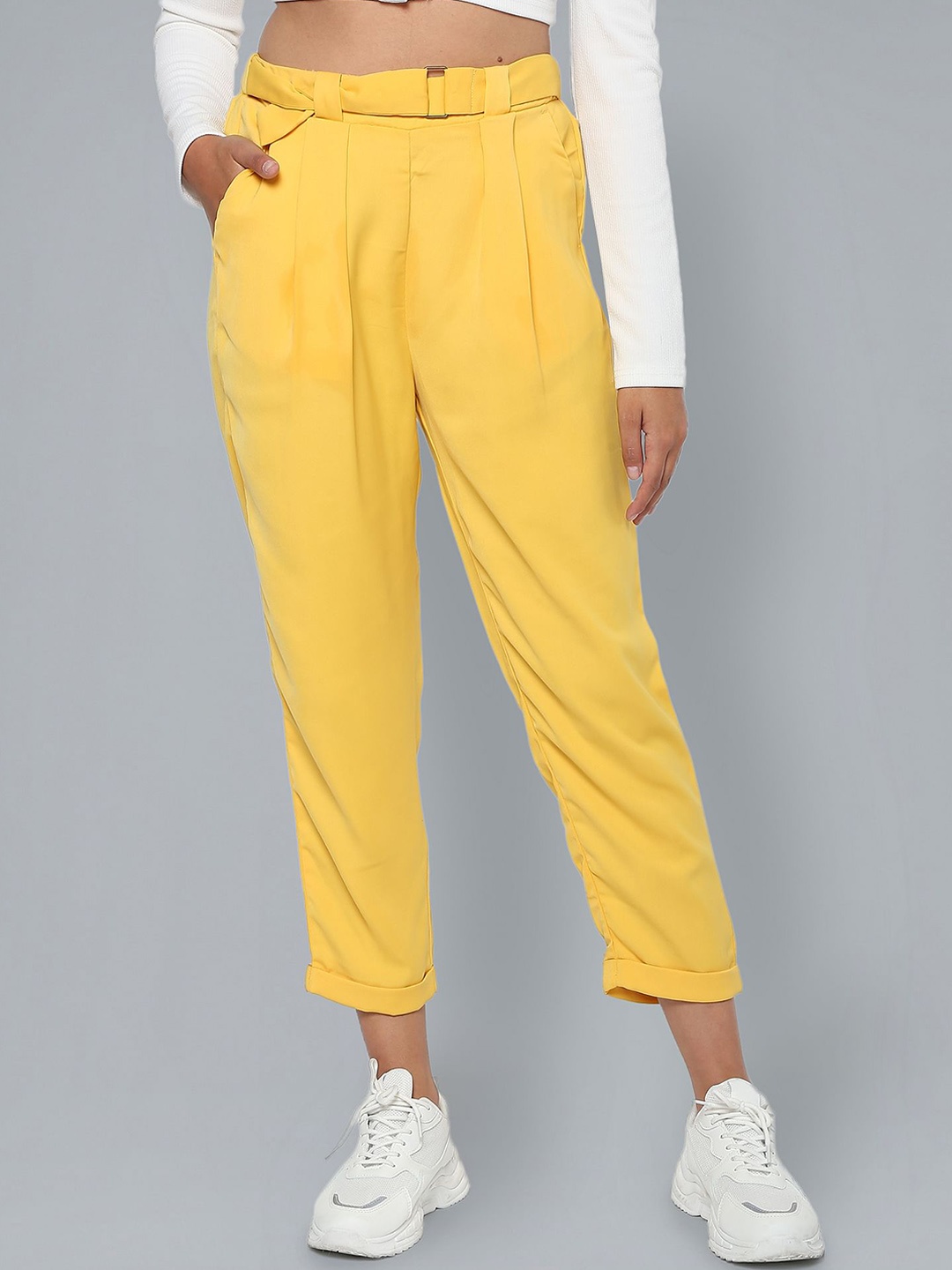 

Flying Machine Women Pleated Mid Rise Cropped Trousers, Yellow