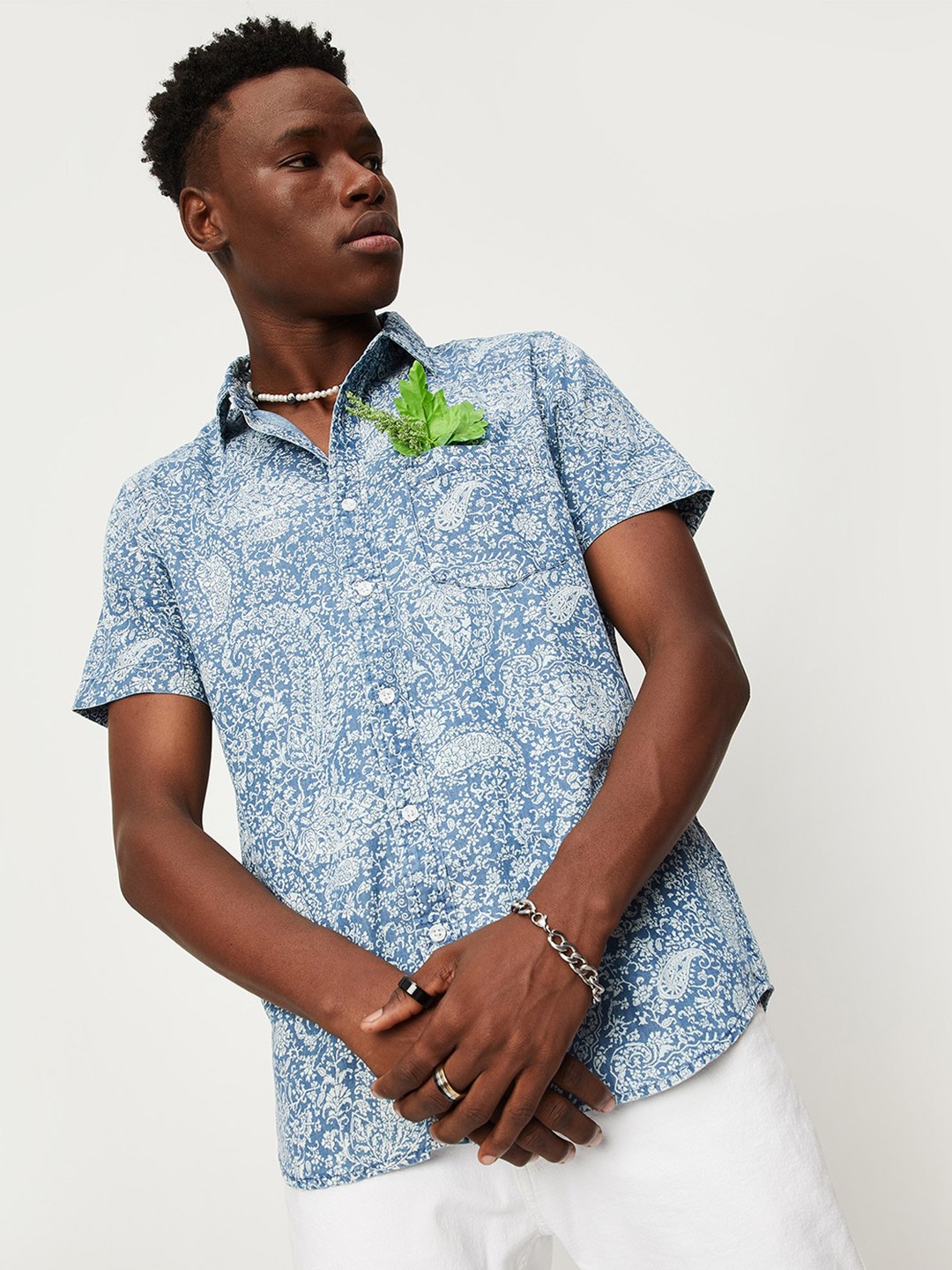 

max Men Printed Casual Cotton Shirt, Blue