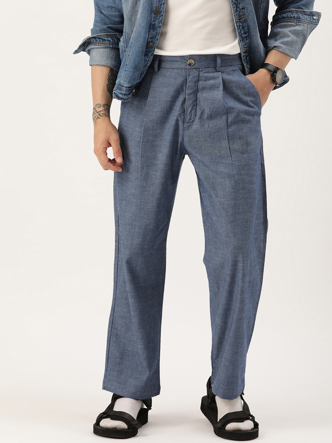 

Kook N Keech Men Pure Cotton Relaxed Straight Leg Pleated Trousers, Blue