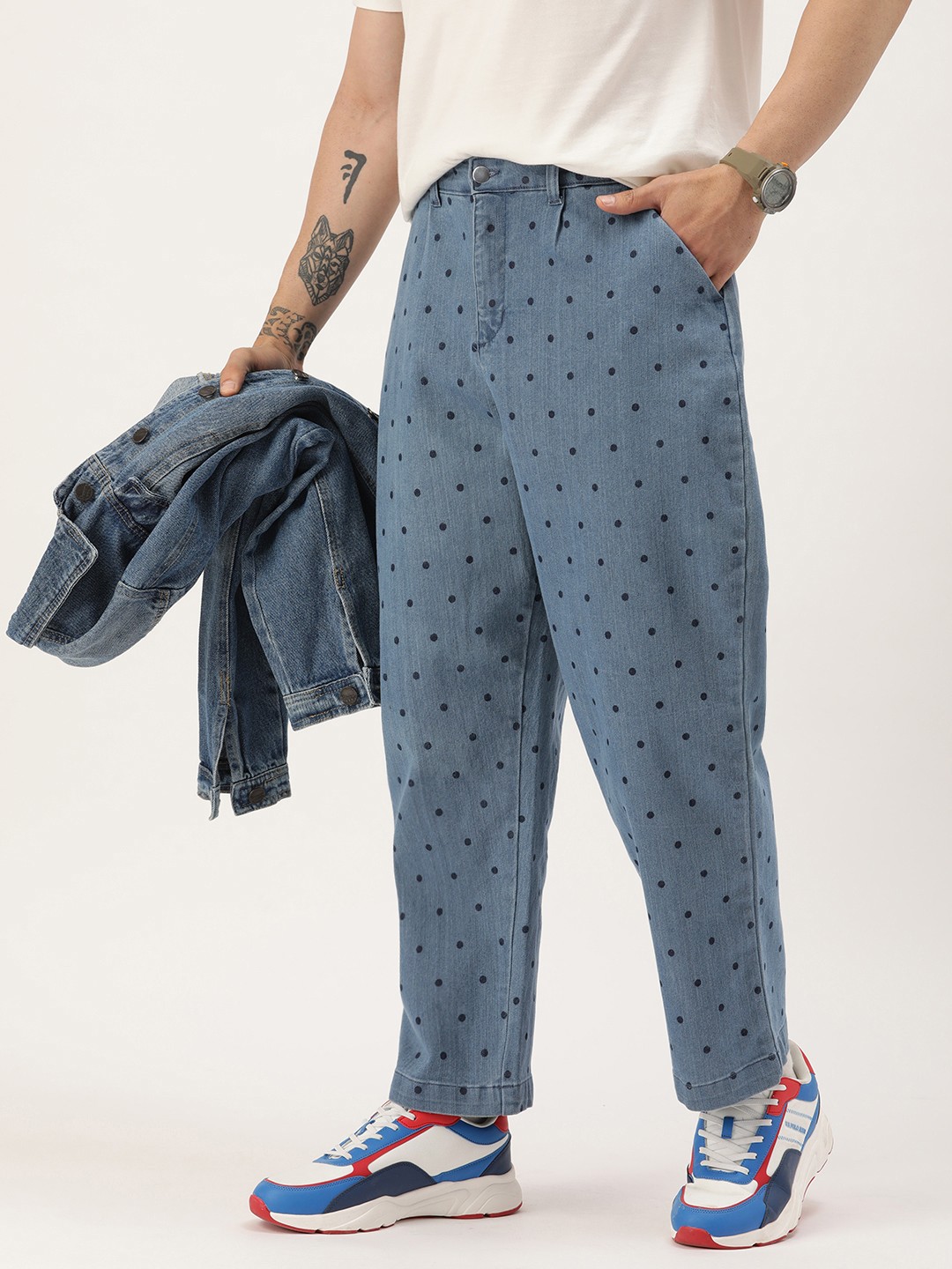 

Kook N Keech Men Pure Cotton Polka Dot Printed Relaxed Straight Leg Trousers, Blue
