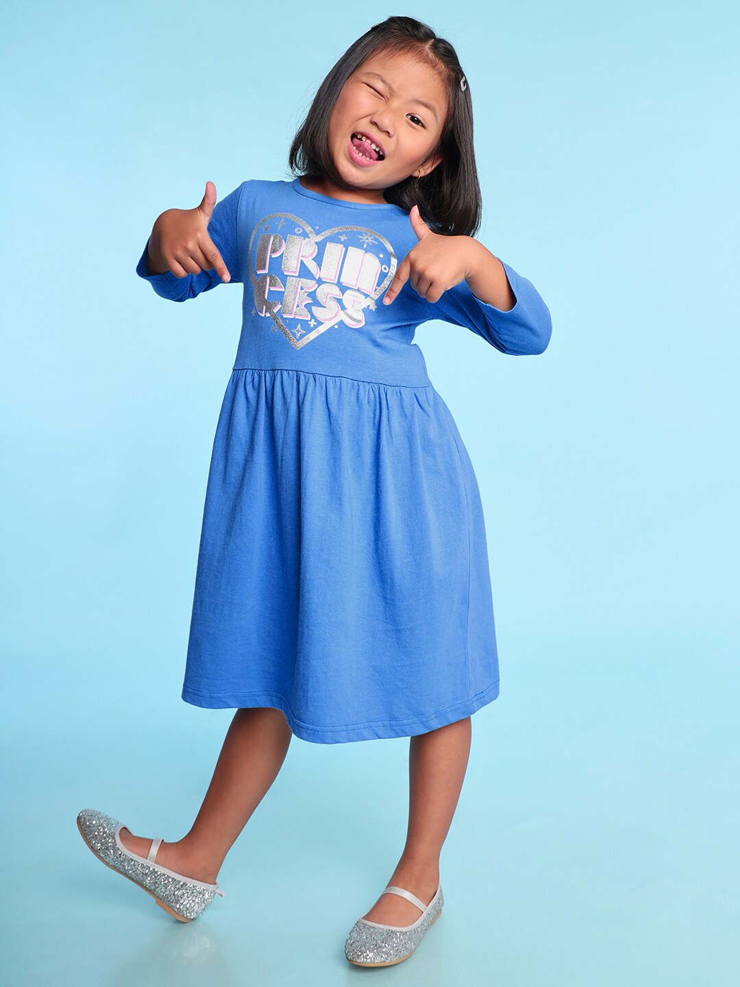 

BONKIDS Typography Printed Fit & Flare Cotton Dress, Blue