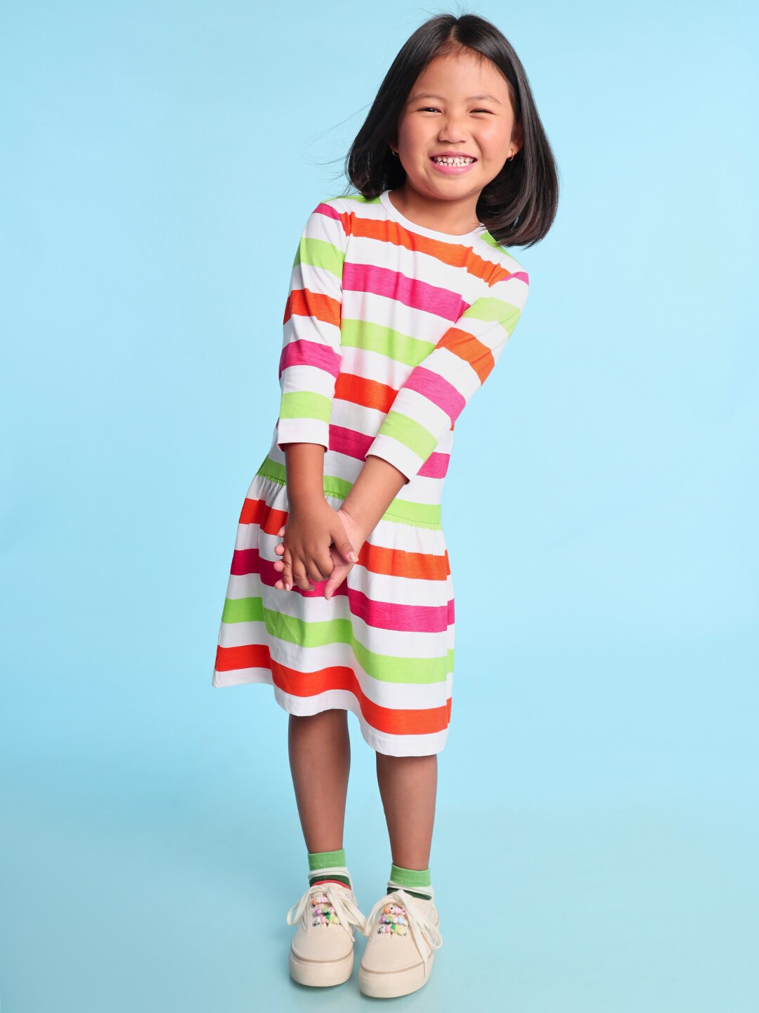 

BONKIDS Girls Candy Striped Cotton Drop-Waist Dress, White