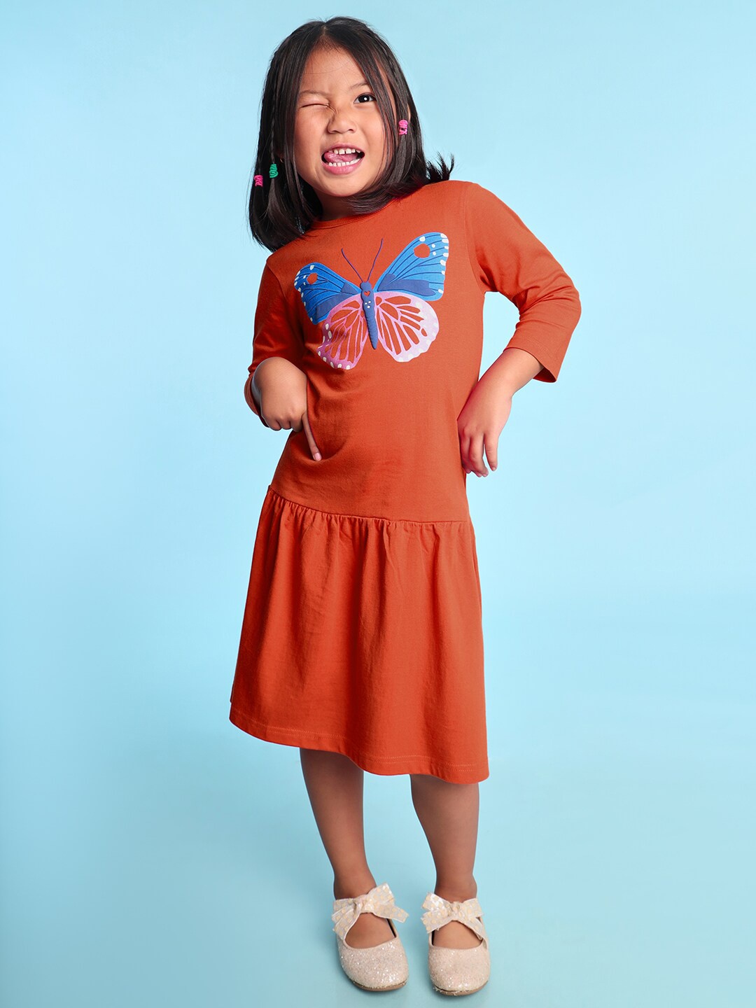 

BONKIDS Girls Graphic Printed Cotton Drop-Waist Dress, Rust