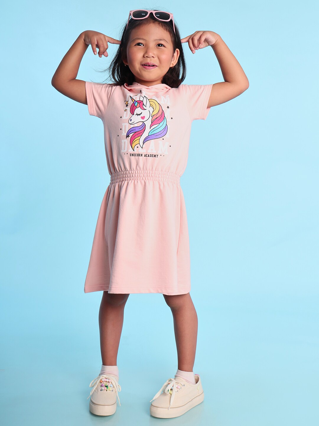 

BONKIDS Girls Printed Hooded Fit & Flare Dress, Peach