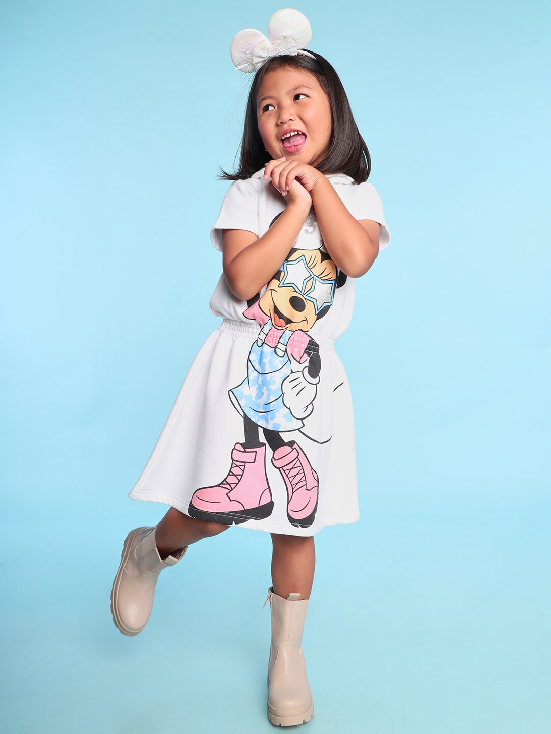

BONKIDS Girls Minnie Mouse Printed Hooded Cotton Dress, White