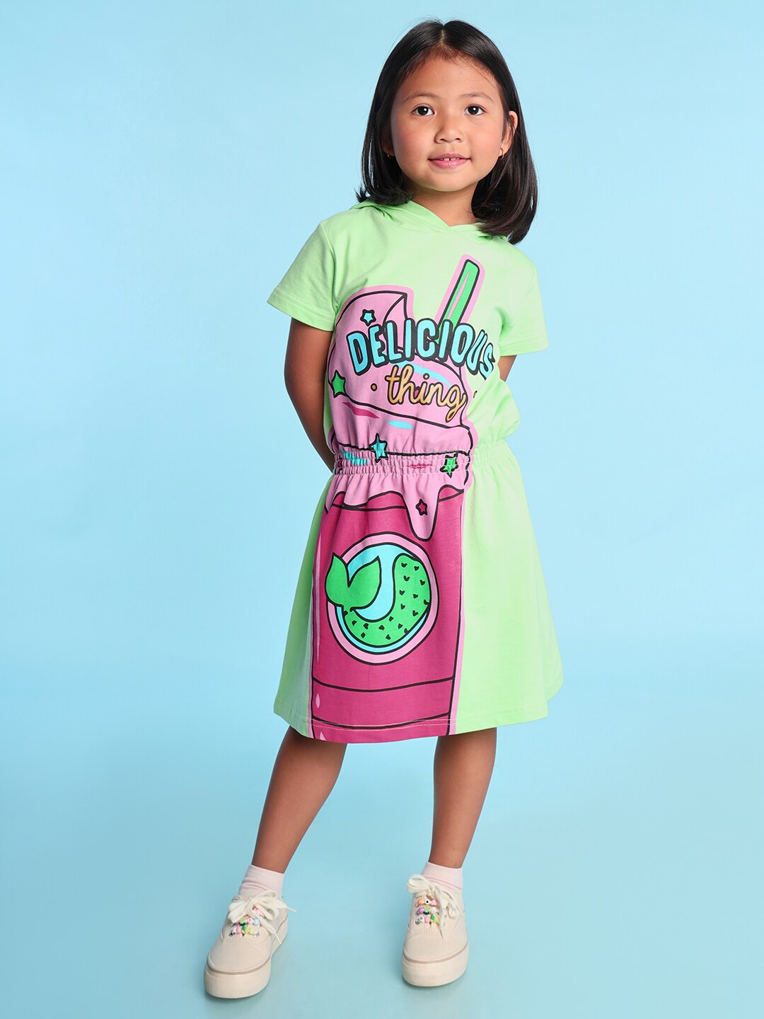 

BONKIDS Graphic Printed Hooded Fit & Flare Dress, Green