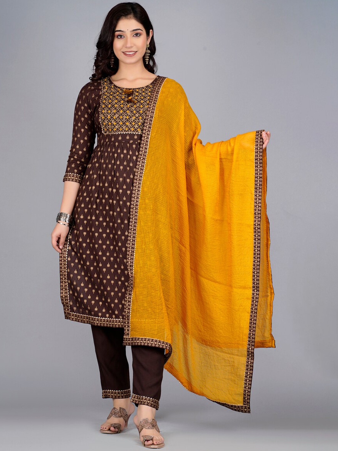 

Kurtipedia Ethnic Motifs Printed Pleated Kurta with Trousers & Dupatta, Brown