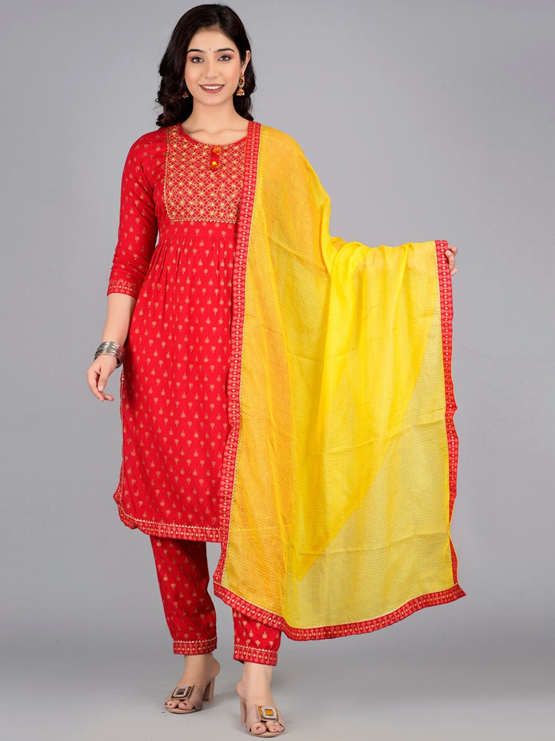 

Kurtipedia Printed Pleated Thread Work Kurta with Trousers & Dupatta, Red