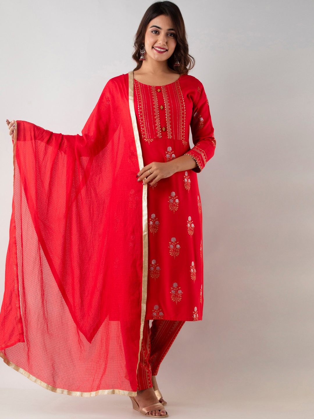 

Kurtipedia Floral Printed Kurta & Trousers With Dupatta, Red