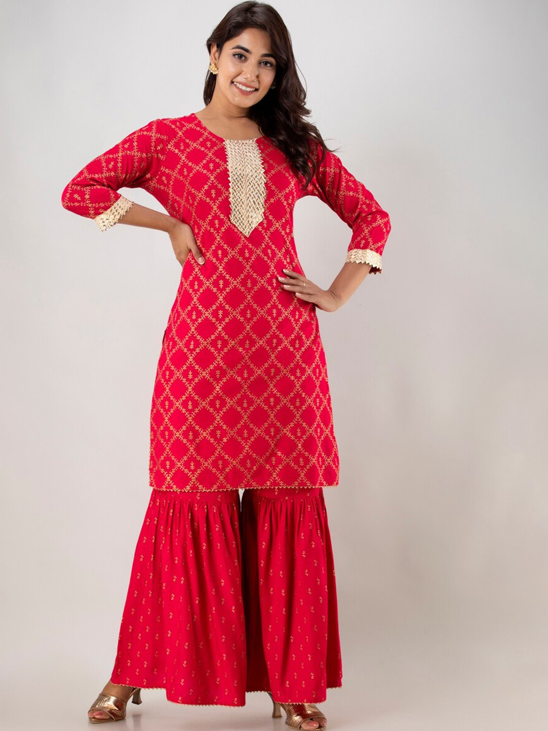 

Kurtipedia Printed Kurta with Sharara & Dupatta, Red