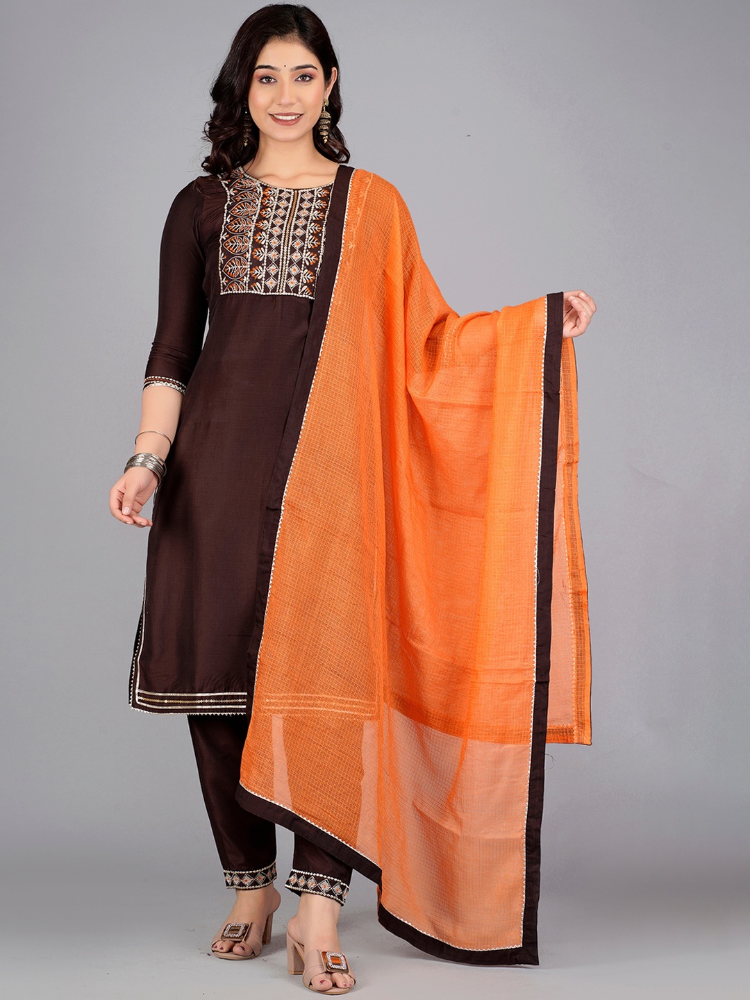 

Kurtipedia Embroidered Kurta with Trousers & Dupatta, Brown