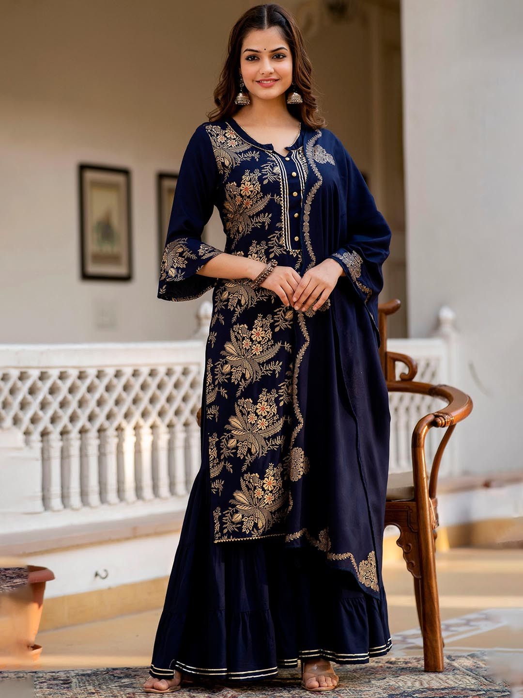 

Kurtipedia Floral Printed Kurta with Sharara & With Dupatta, Navy blue