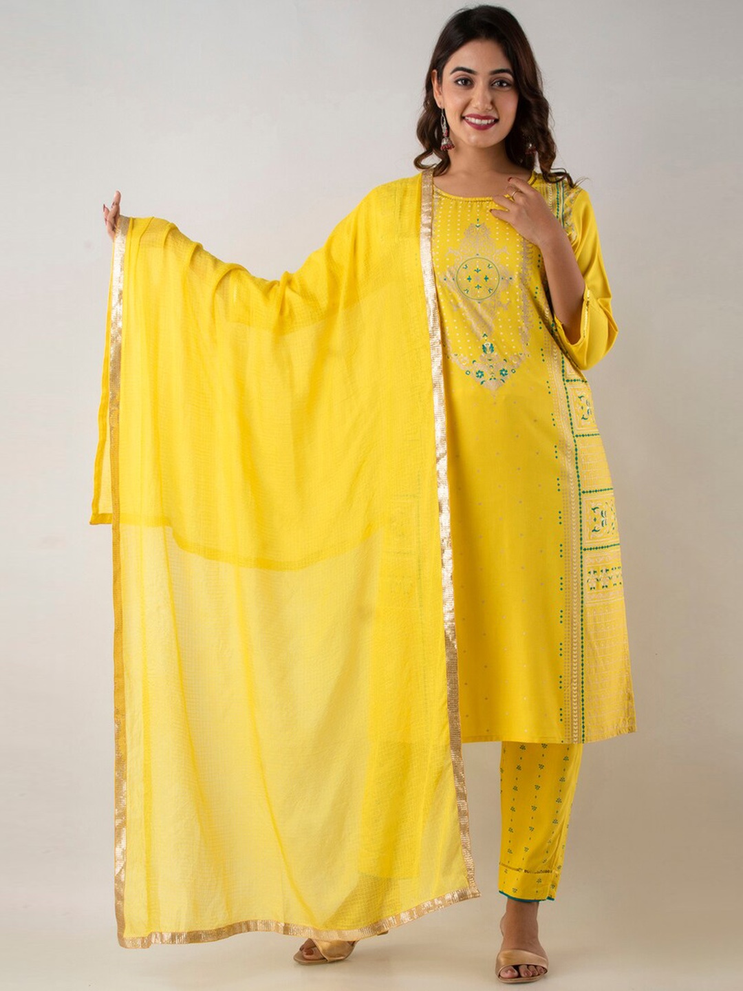 

Kurtipedia Ethnic Motifs Printed Kurta with Trousers & With Dupatta, Yellow