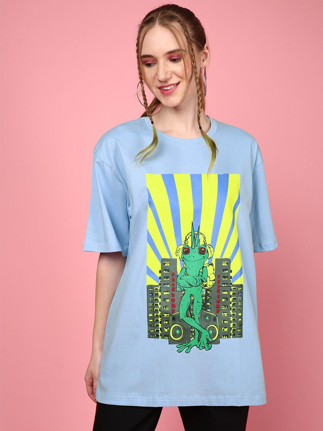 

JUNEBERRY Graphic Printed Cotton Loose T-shirt, Turquoise blue
