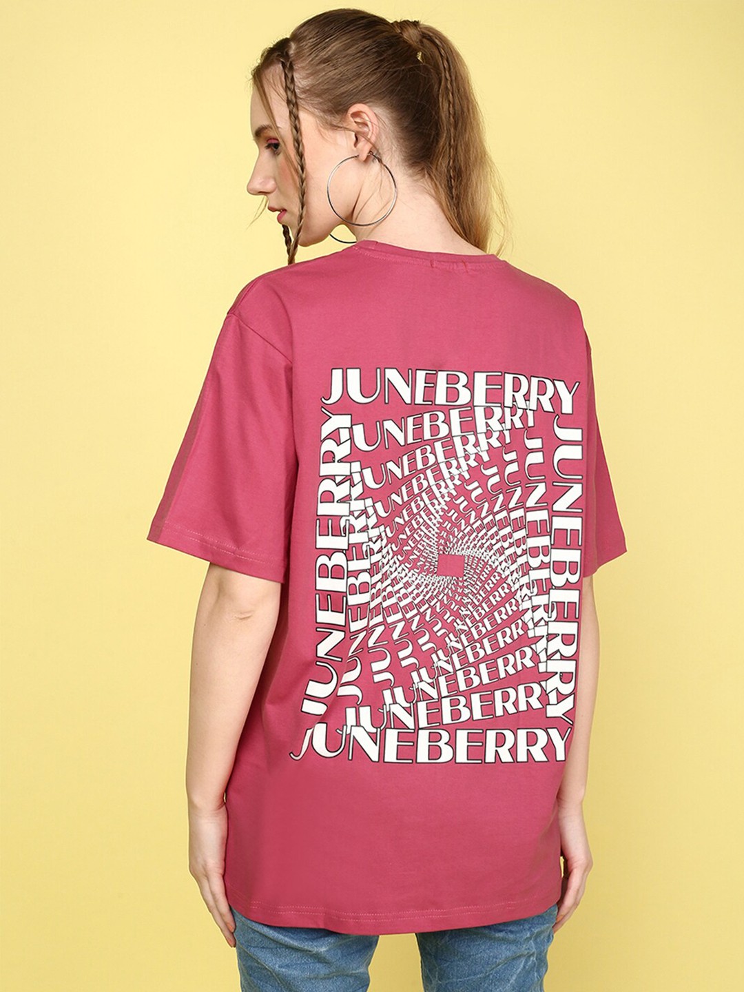 

JUNEBERRY Typography Printed Drop-Shoulder Sleeves Cotton Loose T-shirt, Magenta