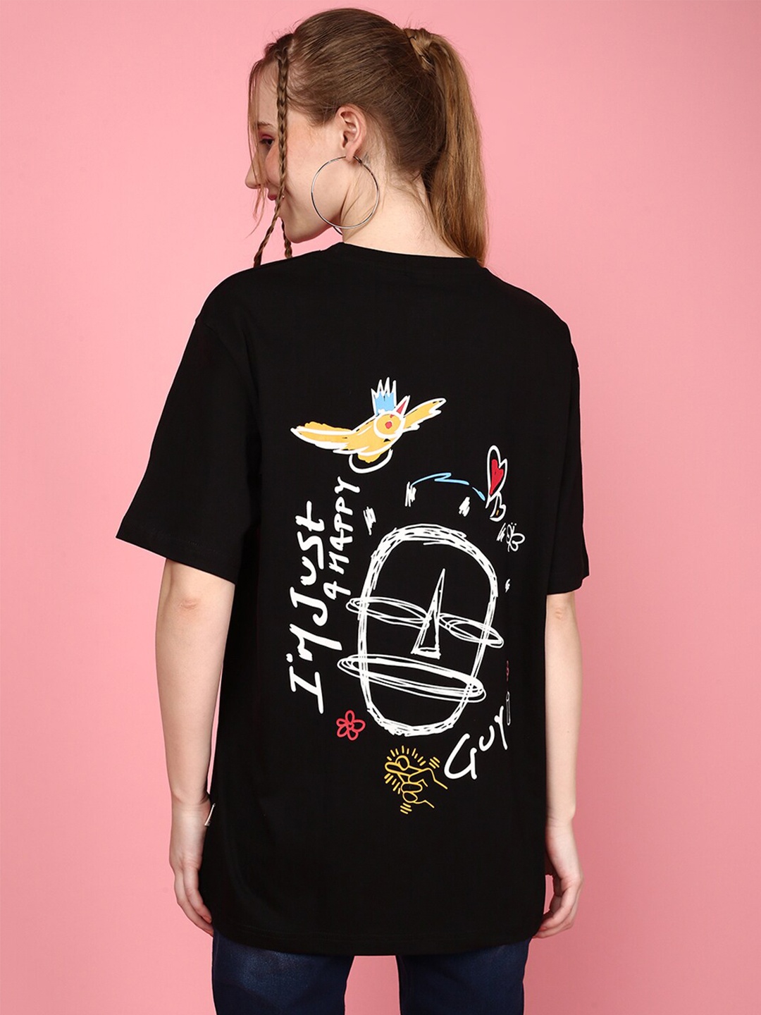 

JUNEBERRY Printed Drop-Shoulder Sleeves Cotton Loose T-shirt, Black