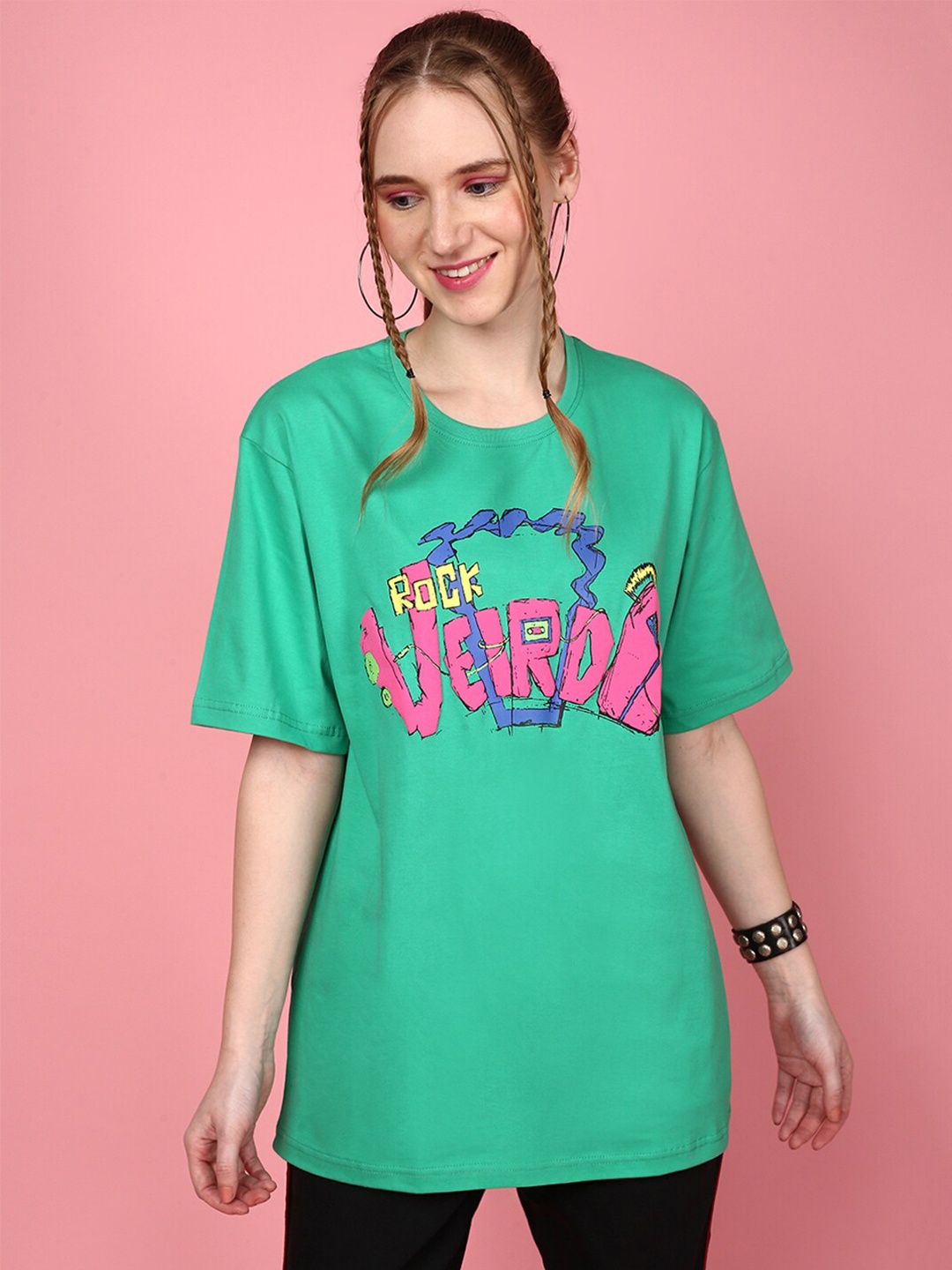 

JUNEBERRY Typography Printed Drop-Shoulder Sleeves Cotton Loose T-shirt, Sea green