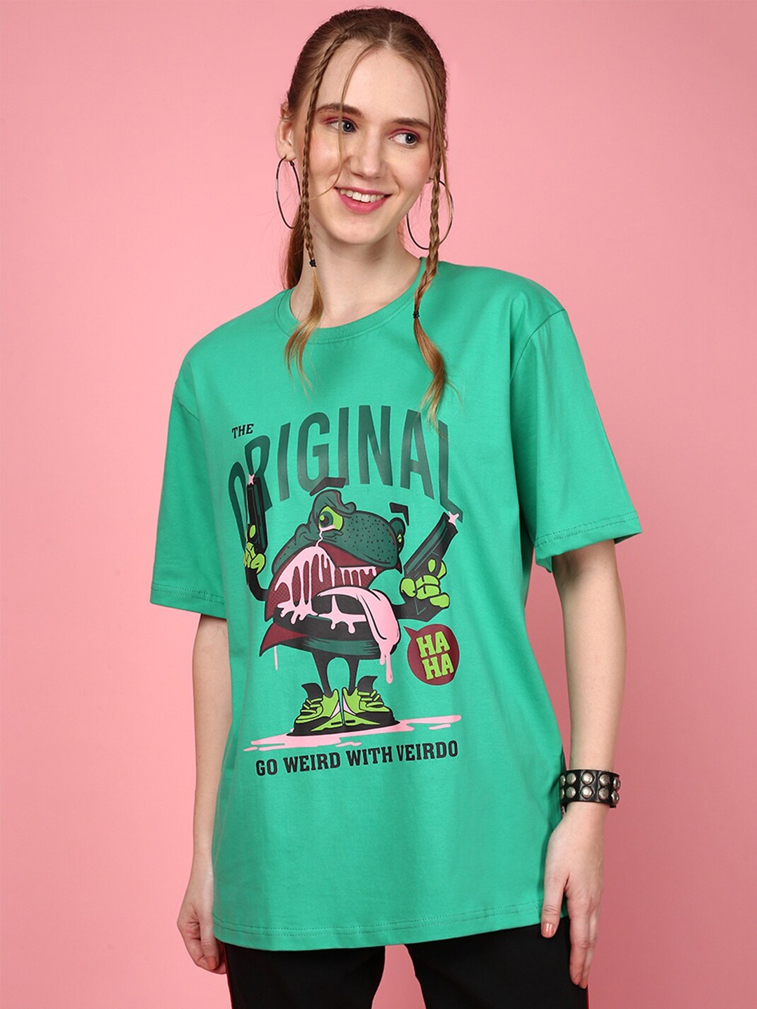 

JUNEBERRY Typography Printed Drop-Shoulder Sleeves Loose Cotton T-shirt, Green