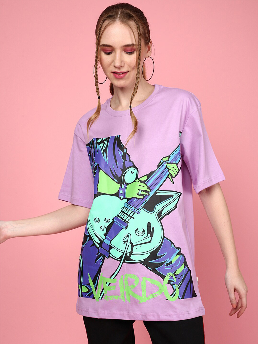 

JUNEBERRY Graphic Printed Longline Loose Cotton T-shirt, Purple