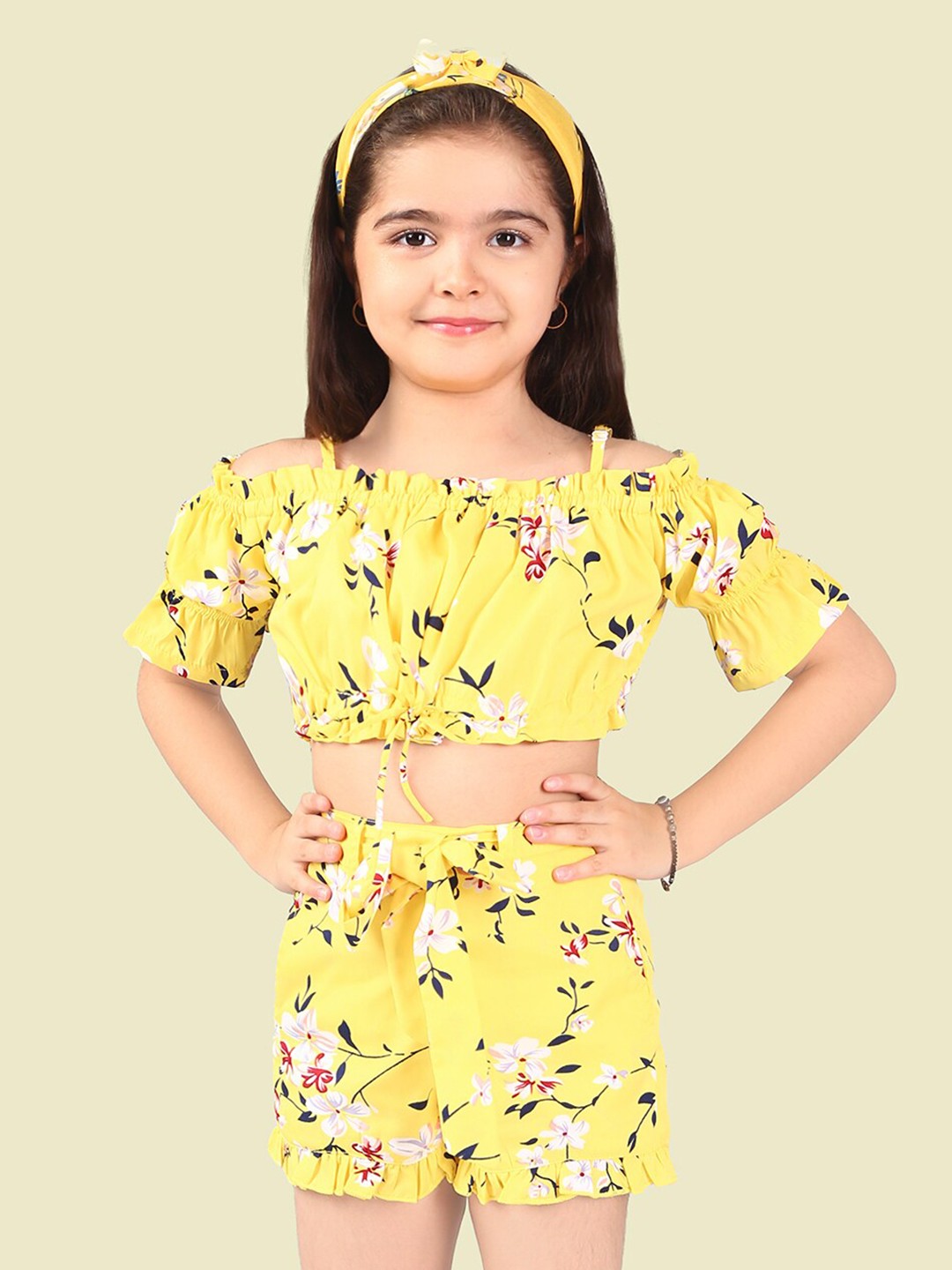 

Naughty Ninos Girls Floral Printed Crop Top with Shorts, Yellow