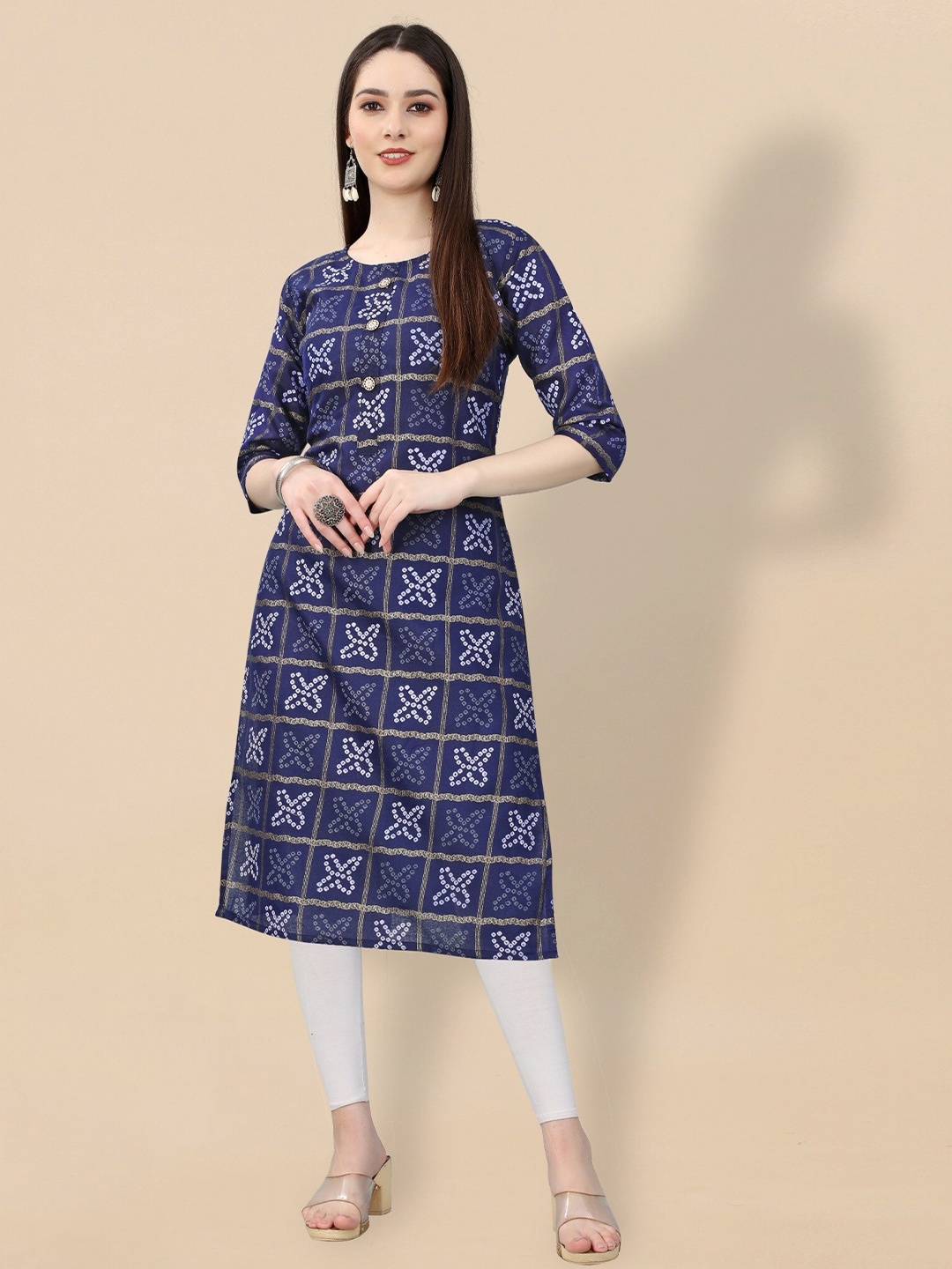 

APNISHA Bandhani Printed Cotton Kurta, Navy blue