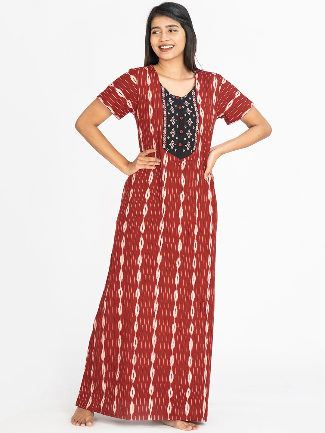 

Maybell Ethnic Motifs Printed Pure Cotton Maxi Nightdress, Maroon