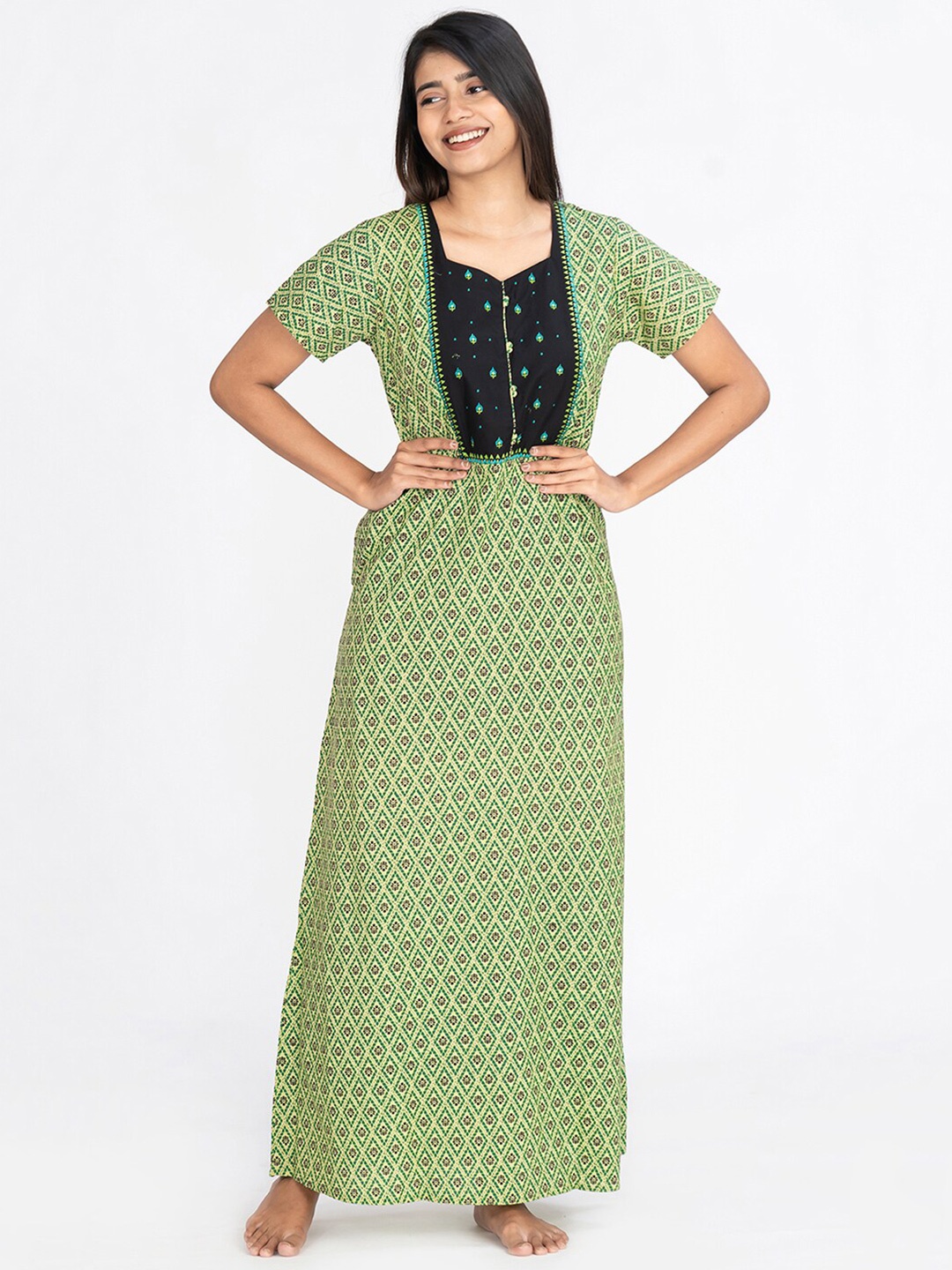 

Maybell Ethnic Motifs Printed Pure Cotton Maxi Nightdress, Green