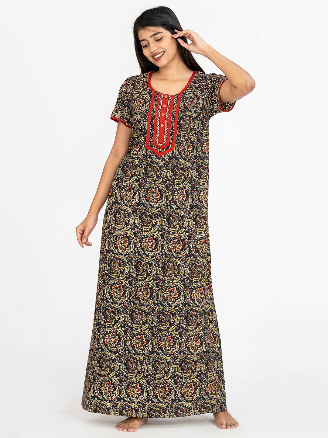 

Maybell Floral Printed Pure Cotton Maxi Nightdress, Black