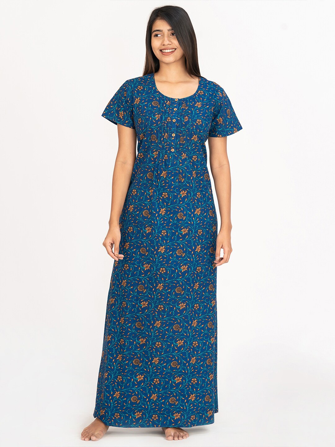 

Maybell Floral Printed Pure Cotton Maxi Nightdress, Blue
