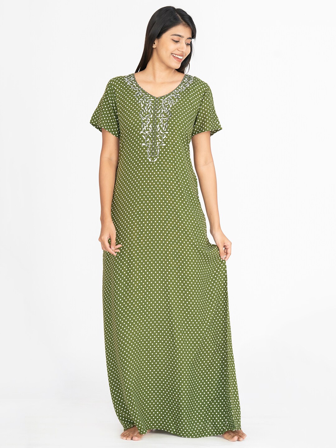 

Maybell Polka Dots Printed Maxi Nightdress, Green