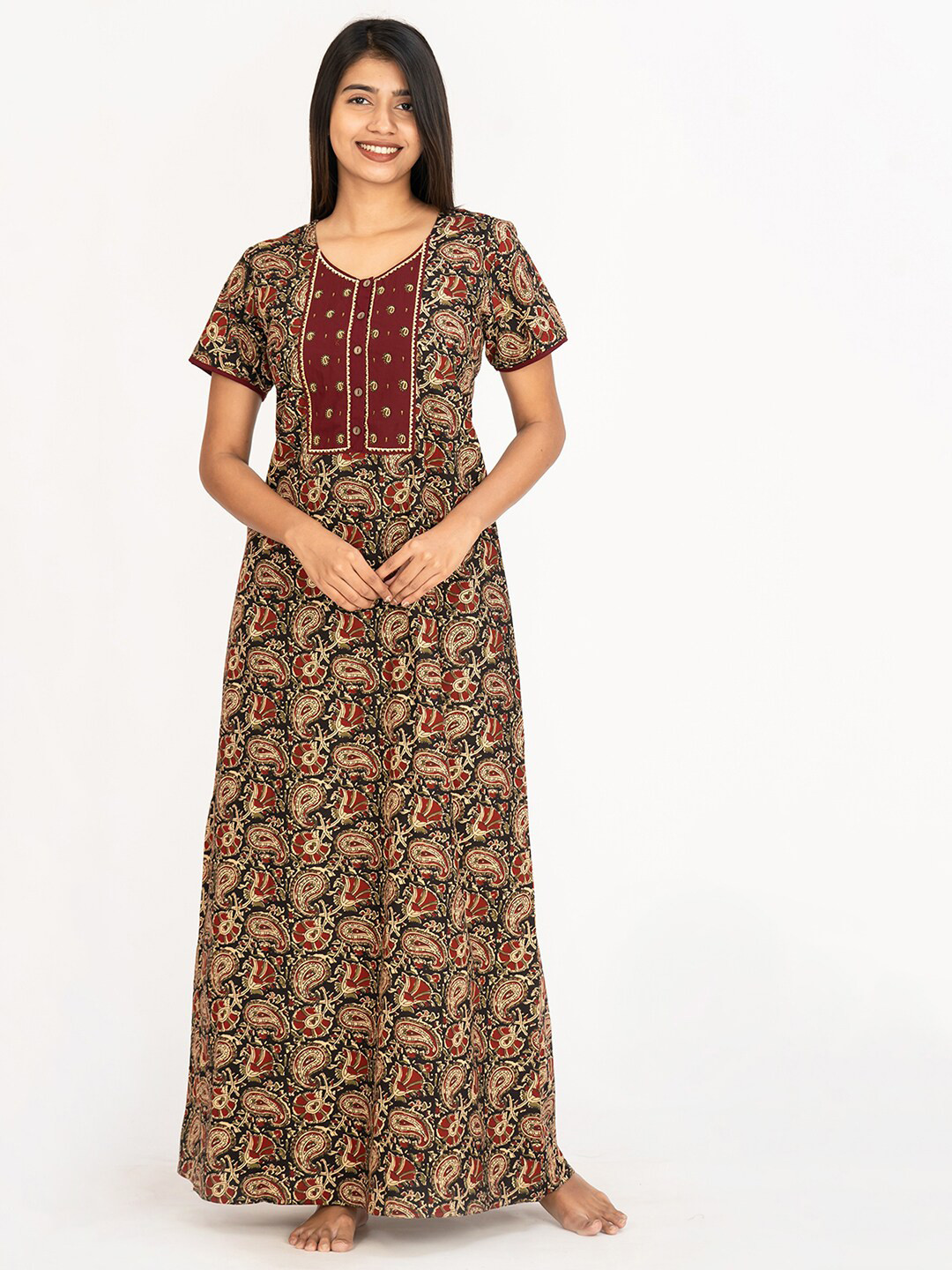 

Maybell Ethnic Motifs Printed Pure Cotton Maxi Nightdress, Black